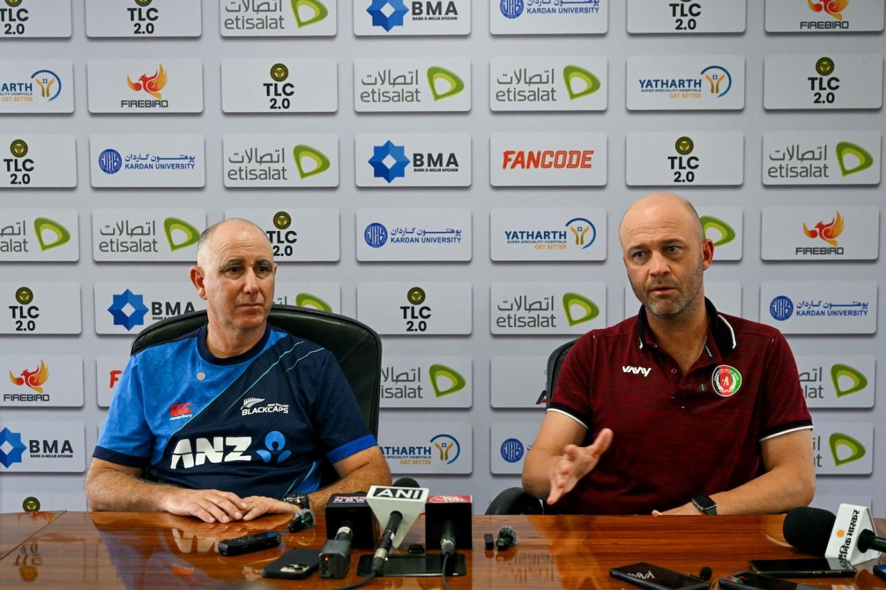 Head coaches Gary Stead and Jonathan Trott addressed the media after the match was abandoned, Afghanistan vs New Zealand, Only Test, 5th day, Greater Noida, September 13, 2024