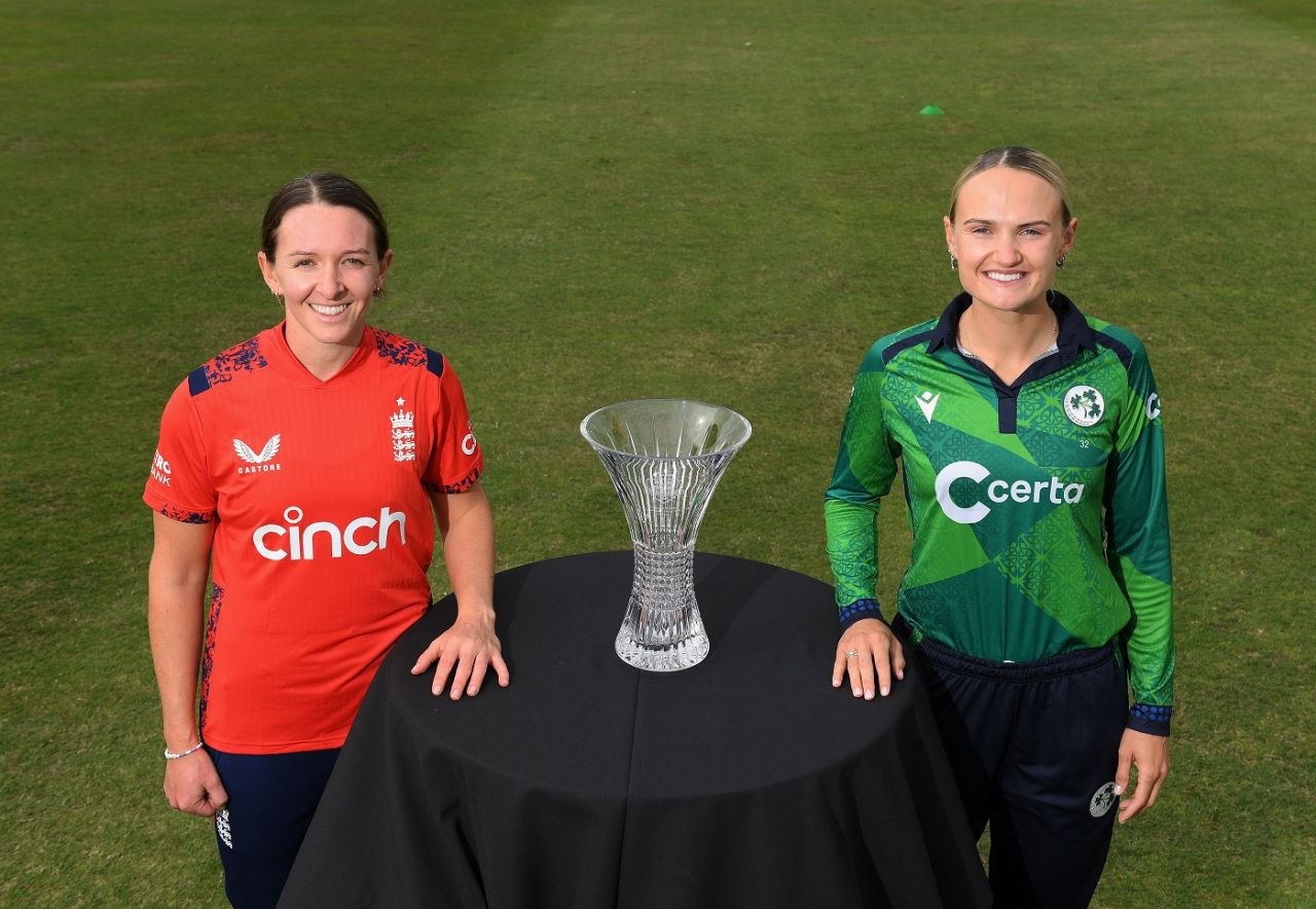 Captains Kate Cross and Gaby Lewis pose with the T20I trophy, Ireland vs England, Dublin, September 13, 2024