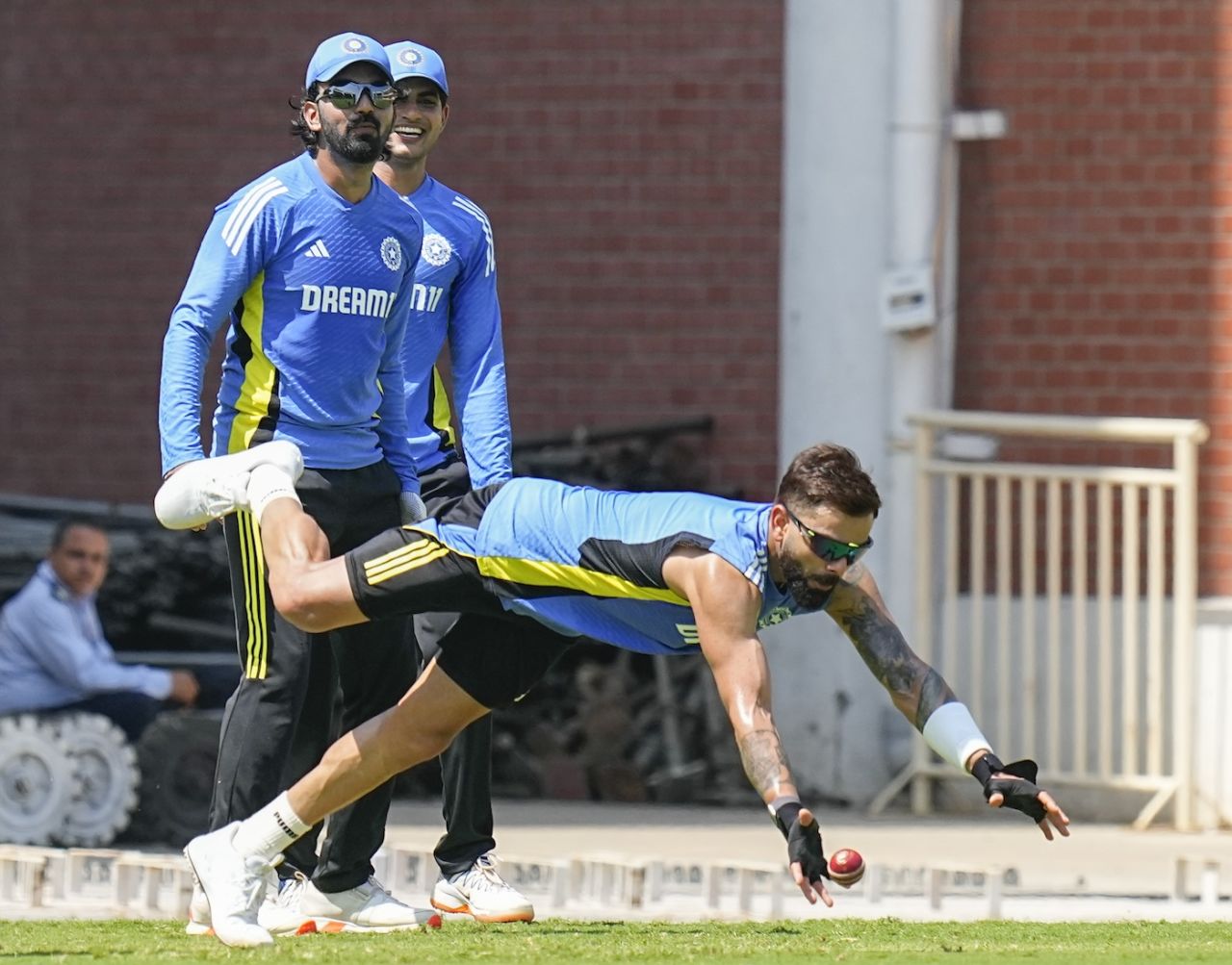 KL Rahul and Shubman Gill wait their turns as Virat Kohli dives, Chennai, September 16, 2024