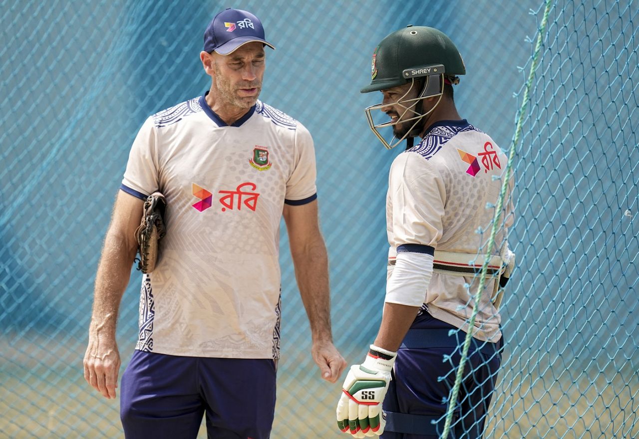 Bangladesh batting coach David Hemp works with captain Najmul Hossain Shanto at training, Chennai, September 16, 2024