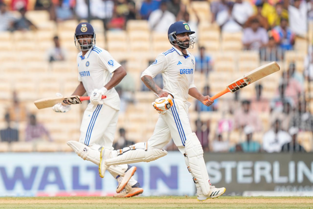 R Ashwin and Ravindra Jadeja brought up a hundred stand for the seventh wicket off a mere 114 balls, India vs Bangladesh, 1st Test, Chennai, 1st day, September 19, 2024