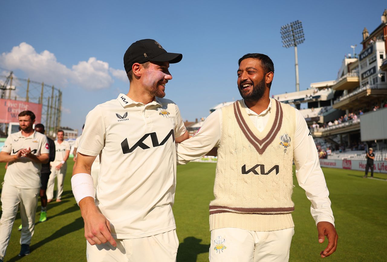 Rory Burns and Ryan Patel celebrate together, Surrey vs Durham, County Championship, The Oval, September 19, 2024