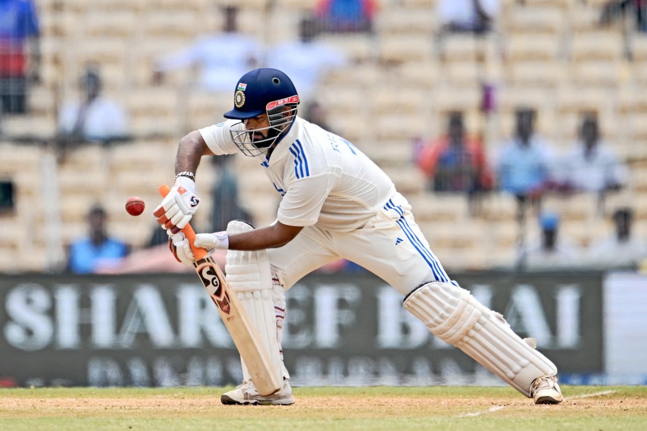 Rishabh Pant leans forward to defend, India vs Bangladesh, 1st Test, 3rd day, Chennai, September 21, 2024