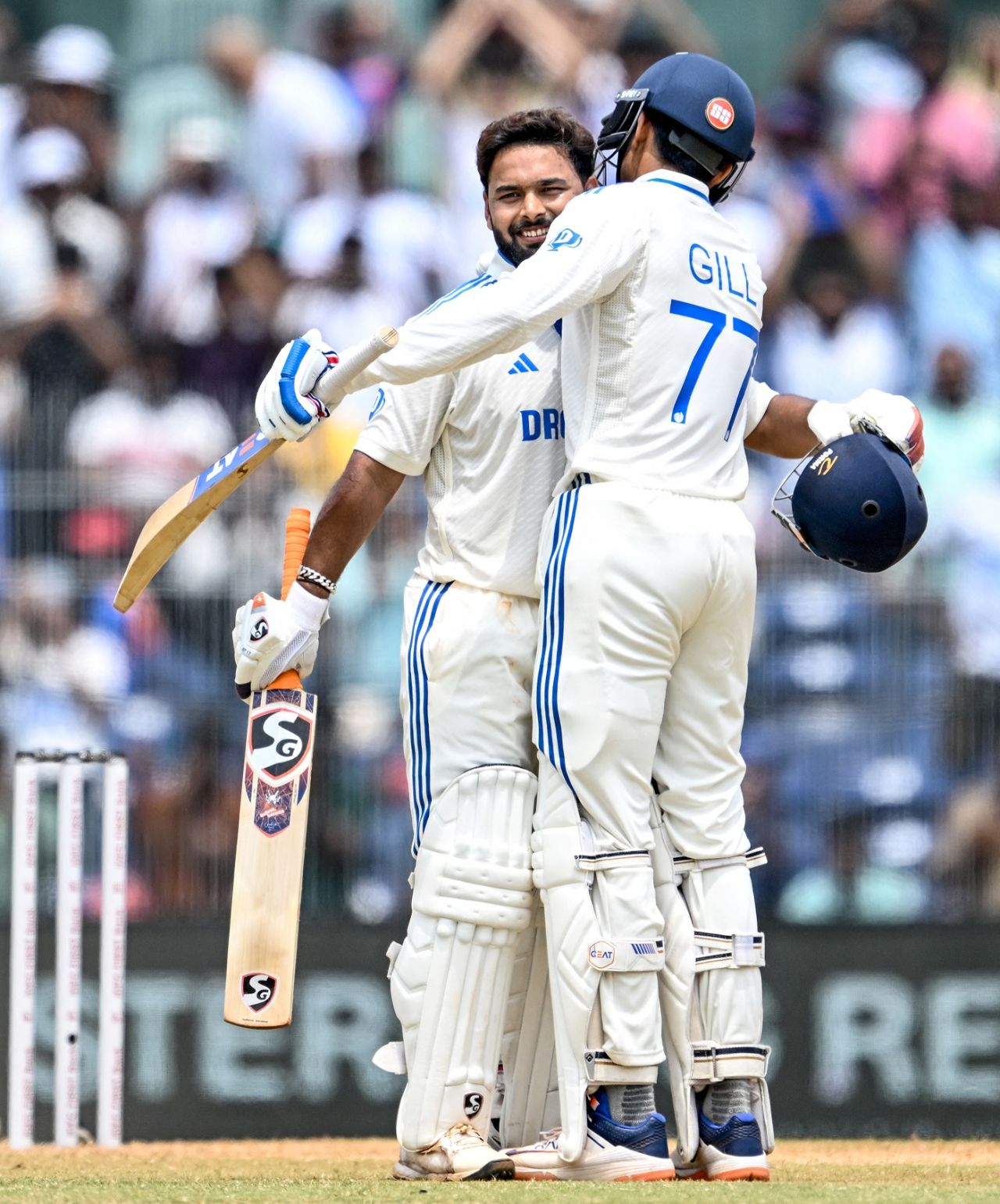 Rishabh Pant gets a bear hug from Shubman Gill after his century, India vs Bangladesh, 1st Test, 3rd day, Chennai, September 21, 2024