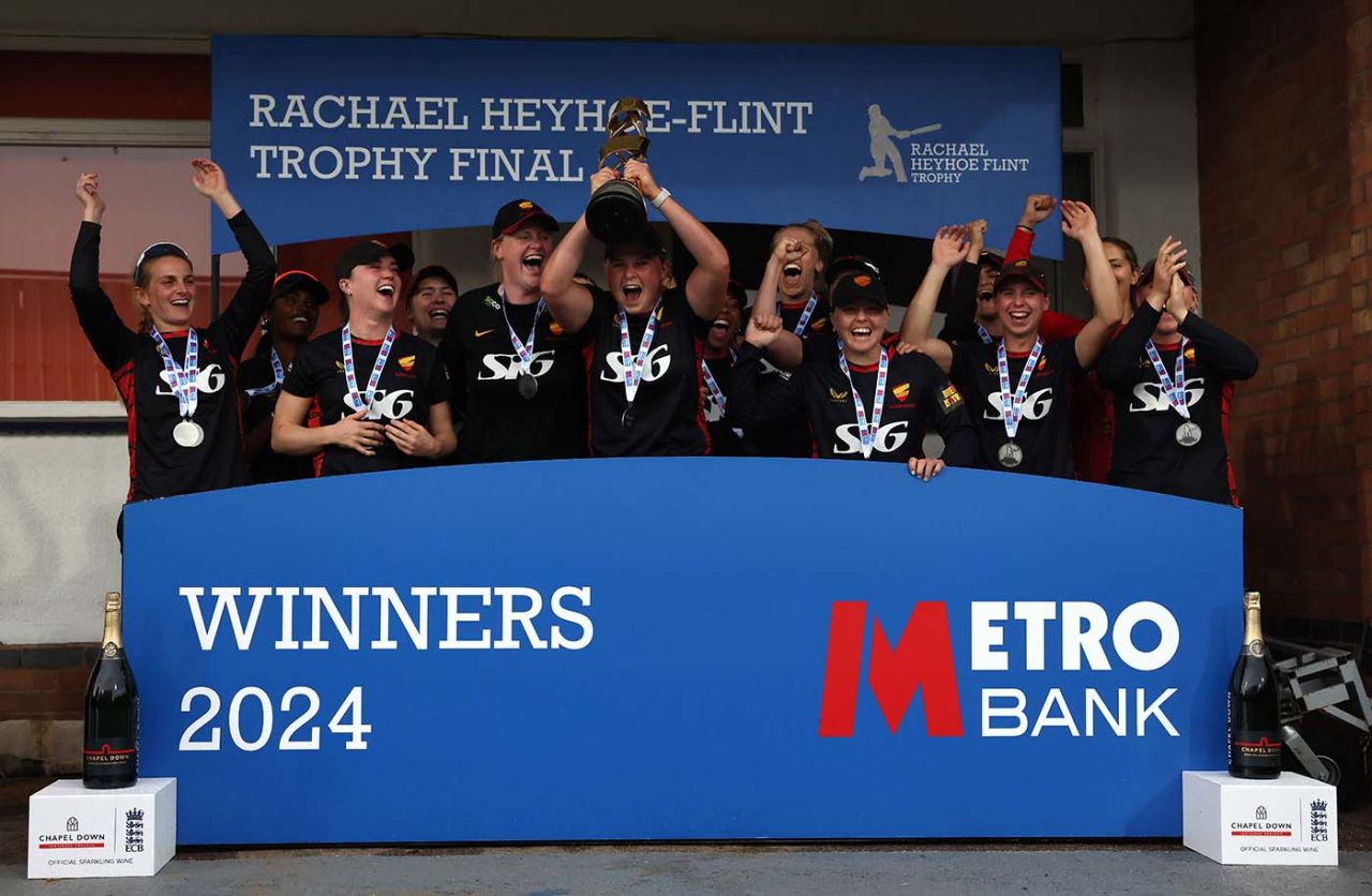 Grace Scrivens holds the Rachael Heyhoe Flint Trophy aloft, South East Stars vs Sunrisers, Rachael Heyhoe Flint Trophy, Final, Grace Road, September 21, 2024