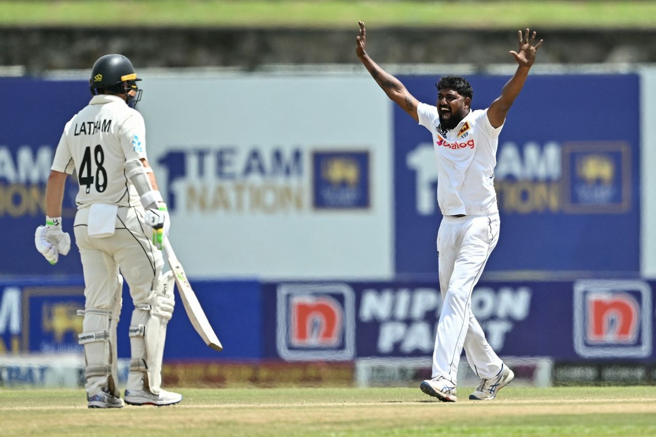 Prabath Jayasuriya appeals for an lbw, Sri Lanka vs New Zealand, 1st Test, 4th day, Galle, September 22, 2024