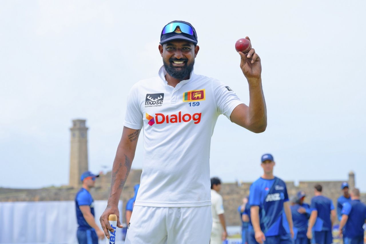 Prabath Jayasuriya got 5 for 68 in the second innings, Sri Lanka vs New Zealand, 1st Test, 5th day, Galle, September 23, 2024