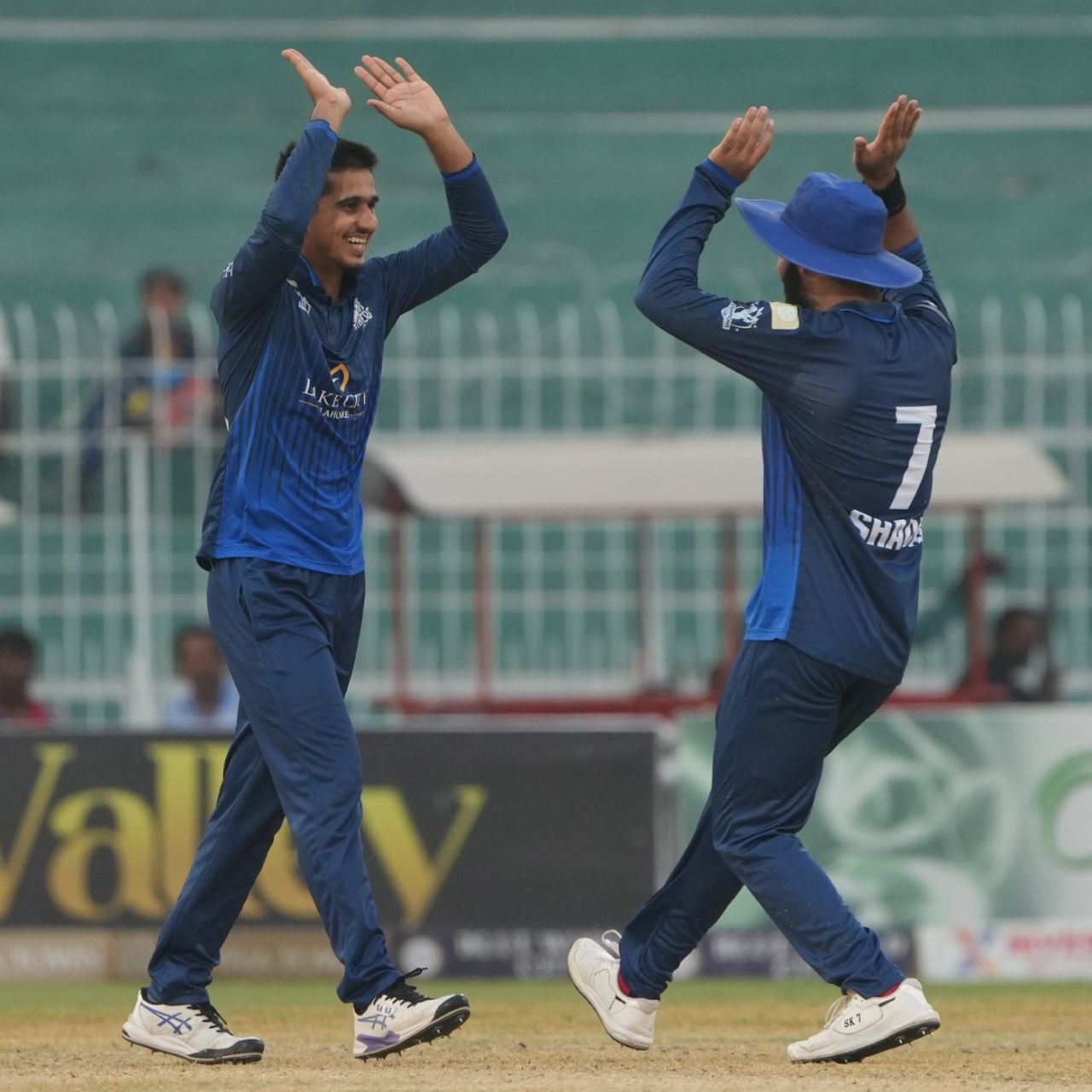 Saim Ayub celebrates with Shadab Khan, Markhors vs Panthers, Qualifier, Faisalabad, Champions One-Day Cup, September 24, 2024