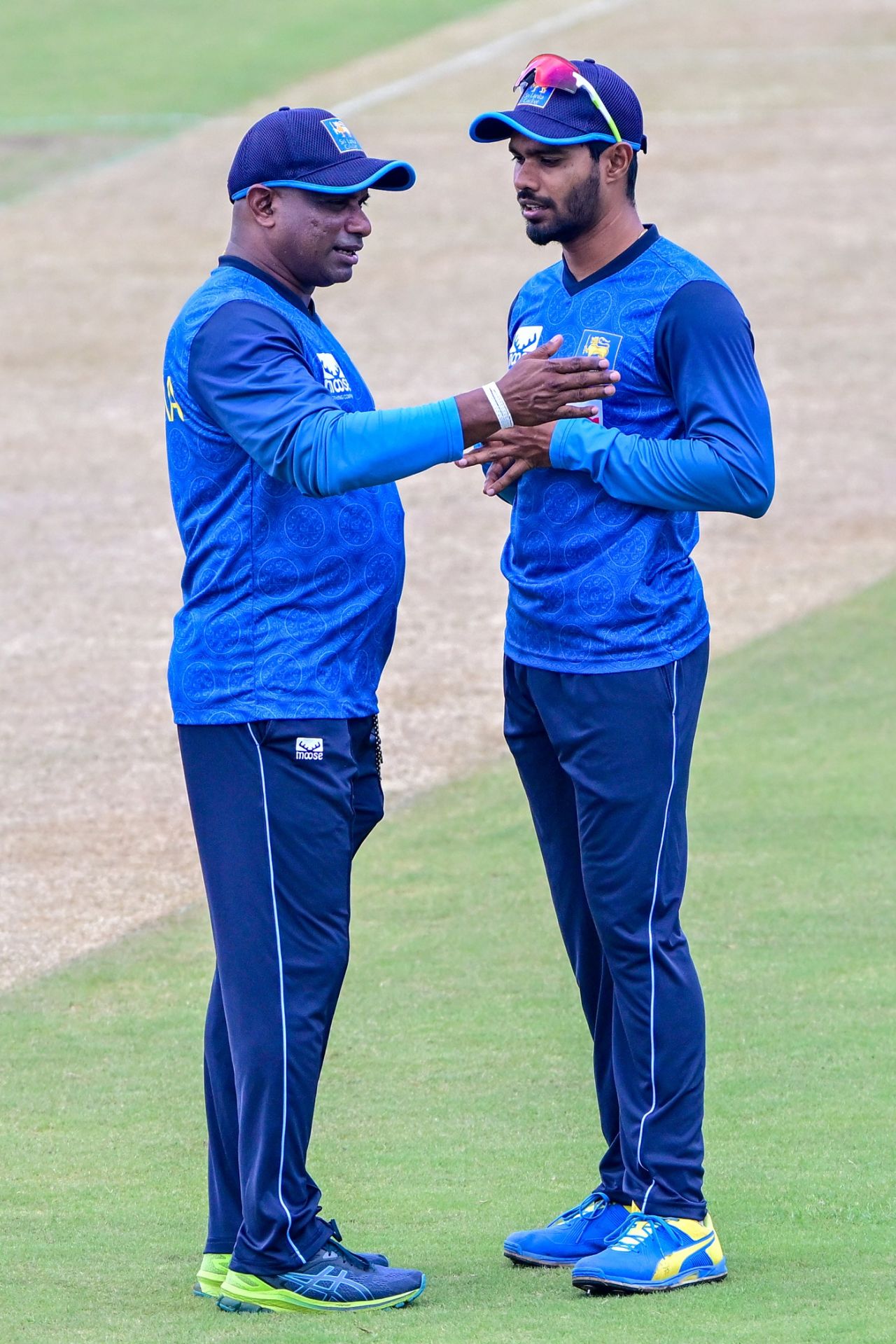 Sanath Jayasuriya has a chat with Dhananjaya de Silva, Galle, September 25, 2024