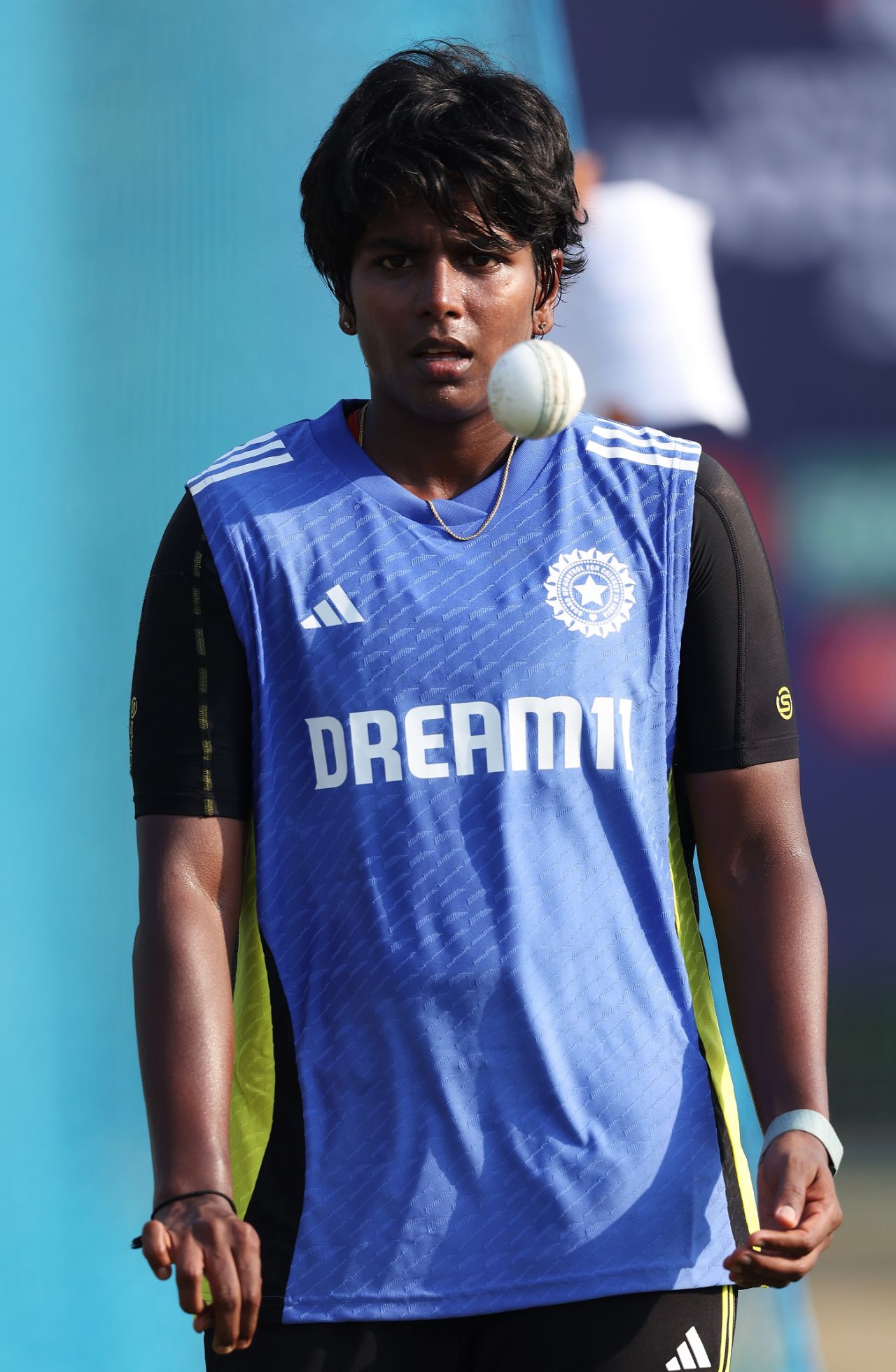 Arundhati Reddy is focused during India's nets, Women's T20 World Cup, Dubai, September 27, 2024