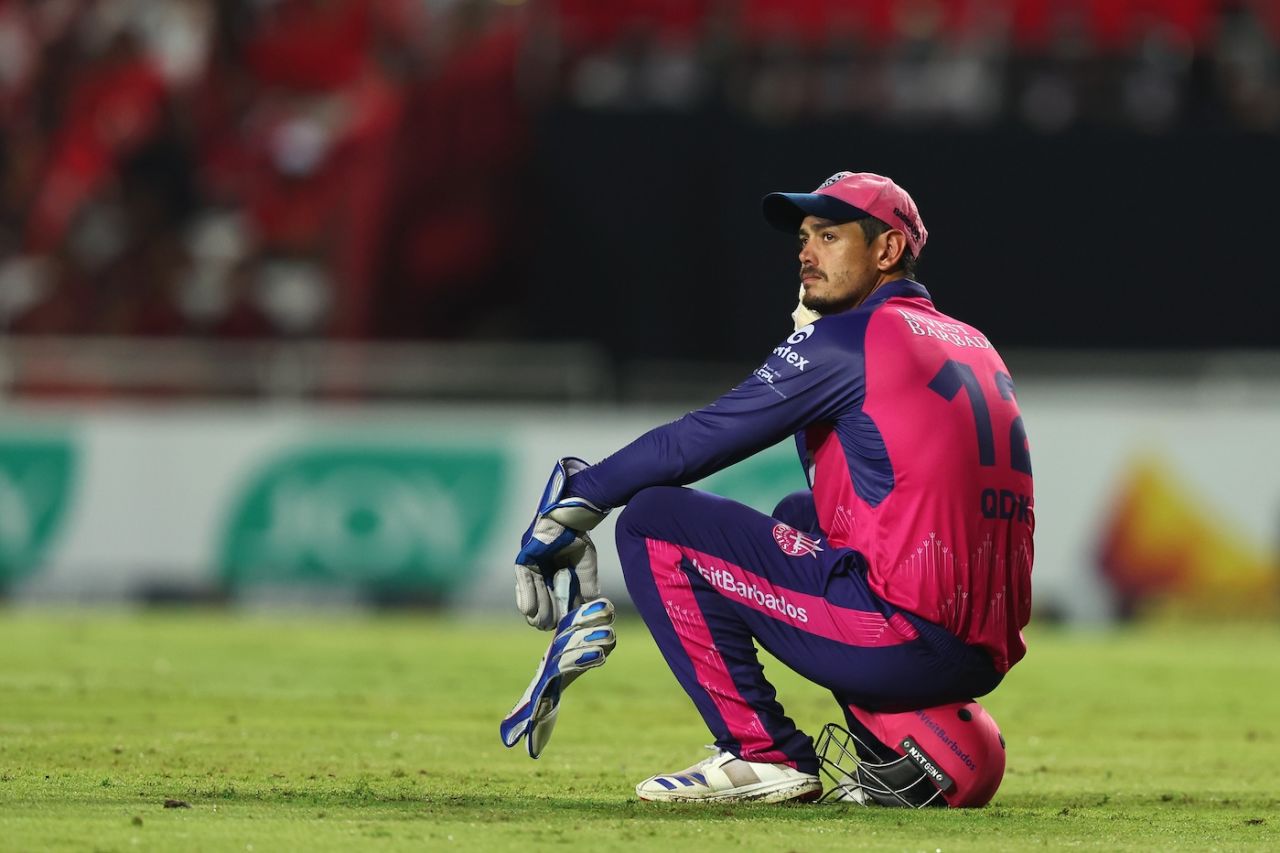 Quinton de Kock took a break from his keeping duties, Trinbago Knight Riders vs Barbados Royals, CPL 2024, Tarouba, September 27, 2024