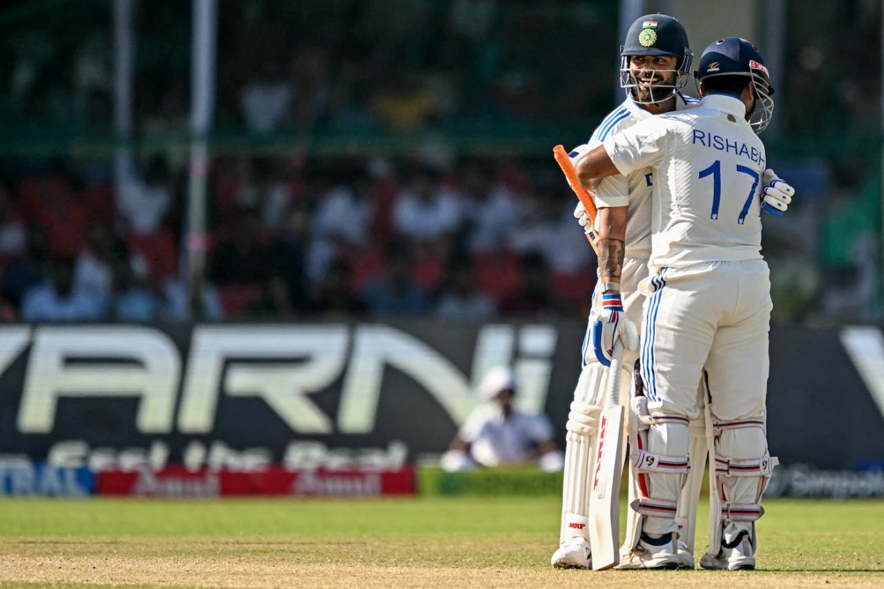 Virat Kohli and Rishabh Pant were all smiles after surviving a mix-up, India vs Bangladesh, 2nd Test, 4th day, Kanpur, September 30, 2024