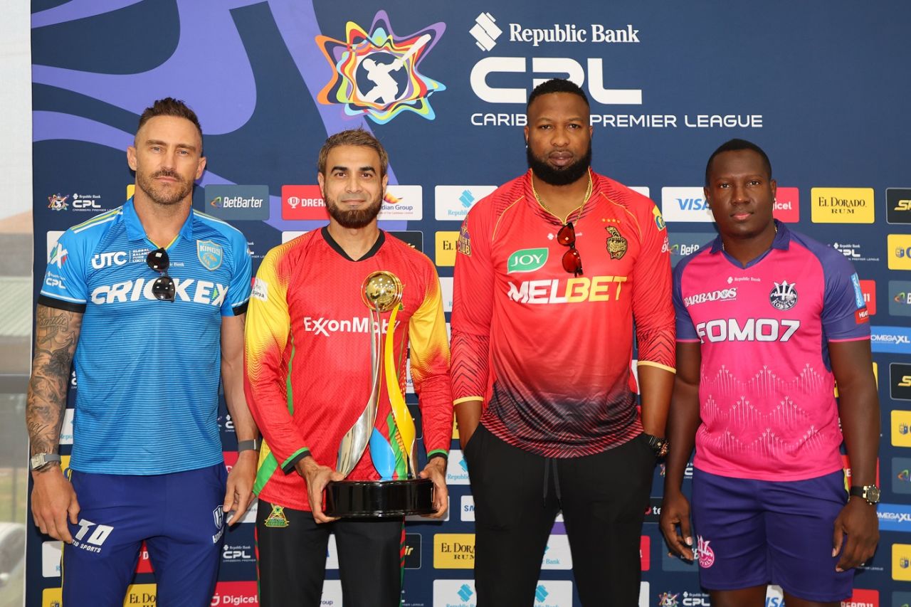 Faf du Plessis, Imran Tahir, Kieron Pollard and Rovman Powell pose with the CPL trophy, Guyana, September 30, 2024