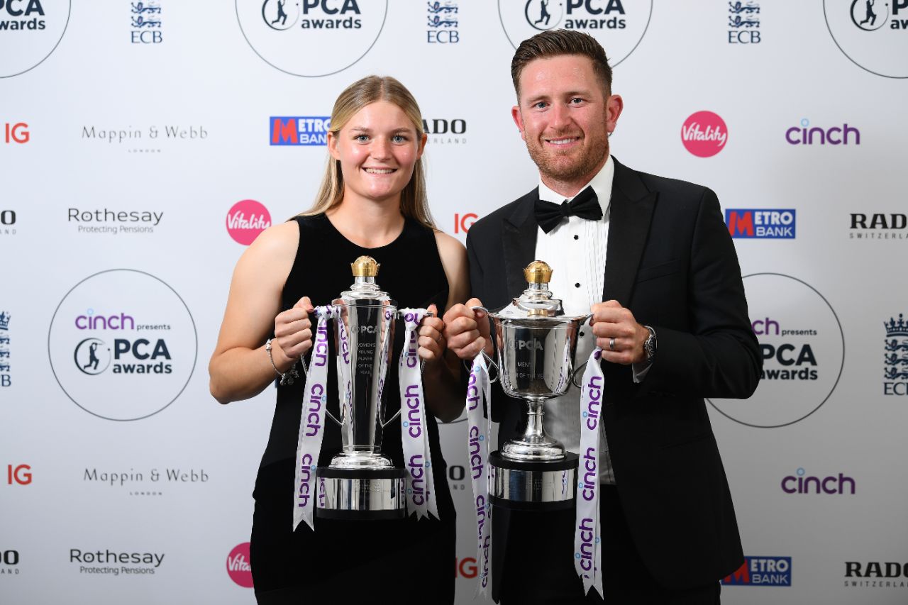 Ryana MacDonald-Gay and Liam Dawson pose with their PCA trophies, October 1, 2024