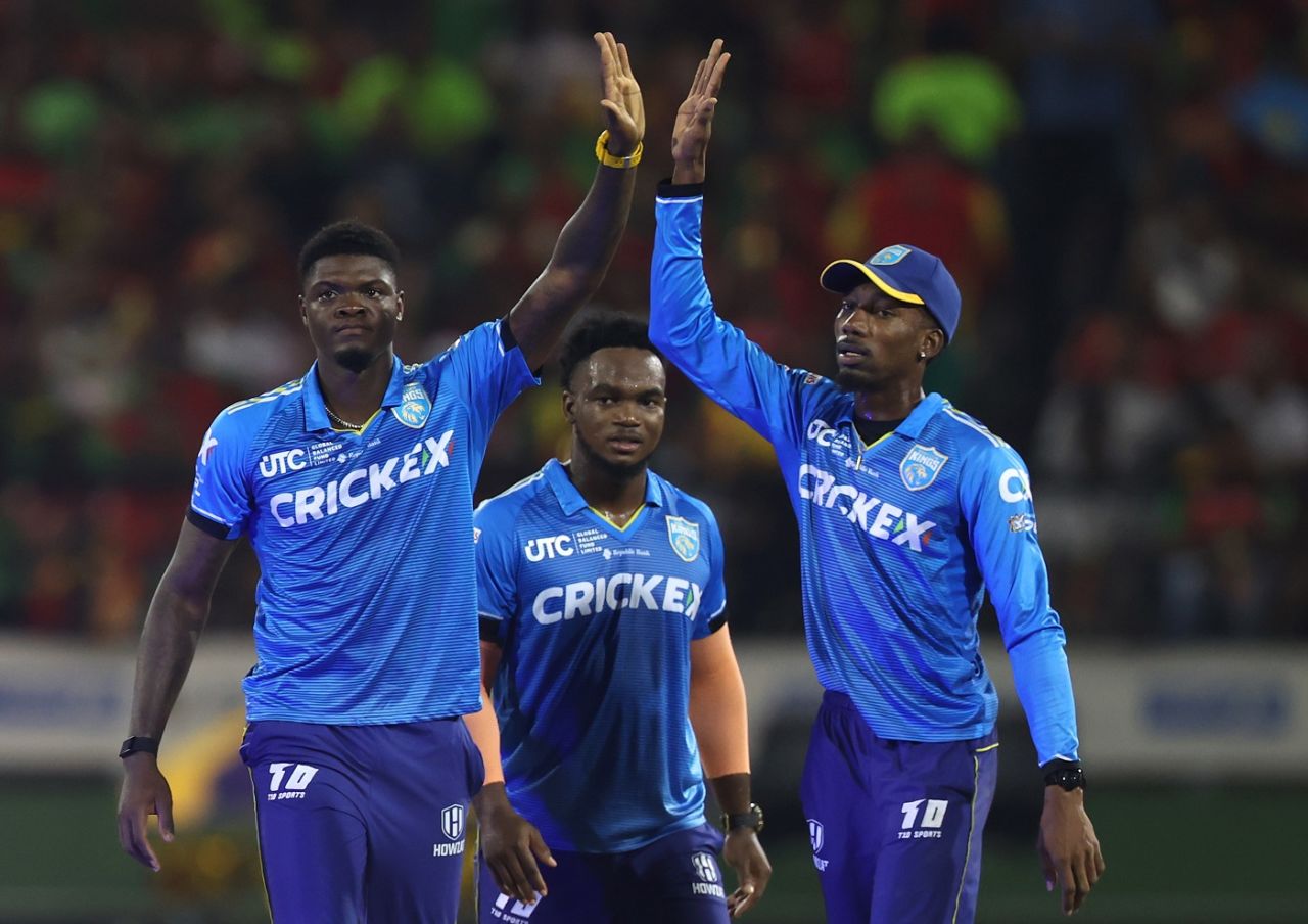 Alzarri Joseph and Khary Pierre celebrate a wicket, Guyana Amazon Warriors vs St Lucia Kings, Qualifier 1, CPL 2024, Providence, October 2, 2024