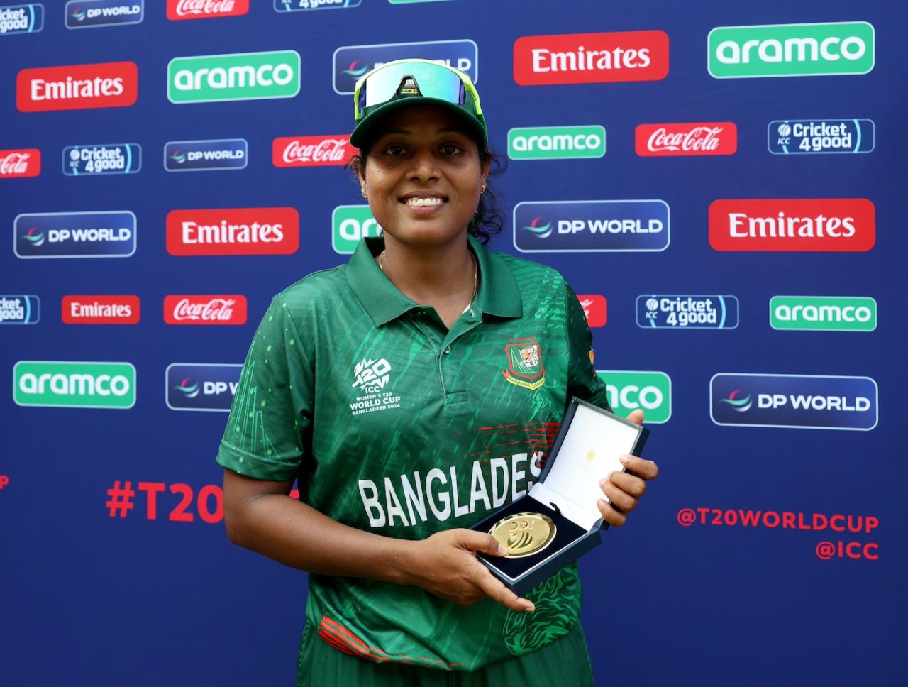 Ritu Moni poses with her Player-of-the-Match award, Bangladesh vs Scotland, Women's T20 World Cup, Sharjah, October 3, 2024