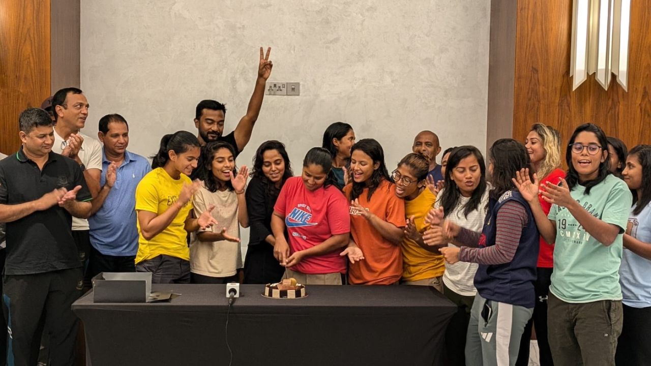Celebrations in the Bangladesh camp after they started their World Cup campaign with a win, Bangladesh vs Scotland, Women's T20 World Cup, Sharjah, October 3, 2024