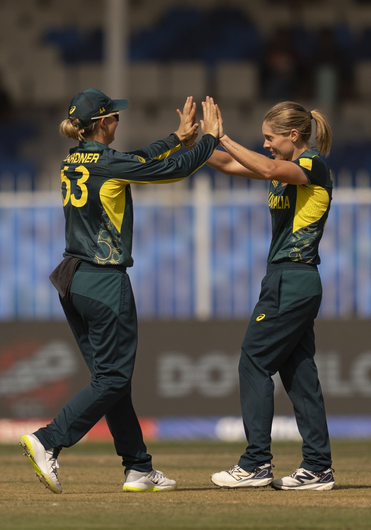 Sophie Molineux celebrates with Ashleigh Gardner, Australia vs Sri Lanka, Women's T20 World Cup, Sharjah, October 5, 2024