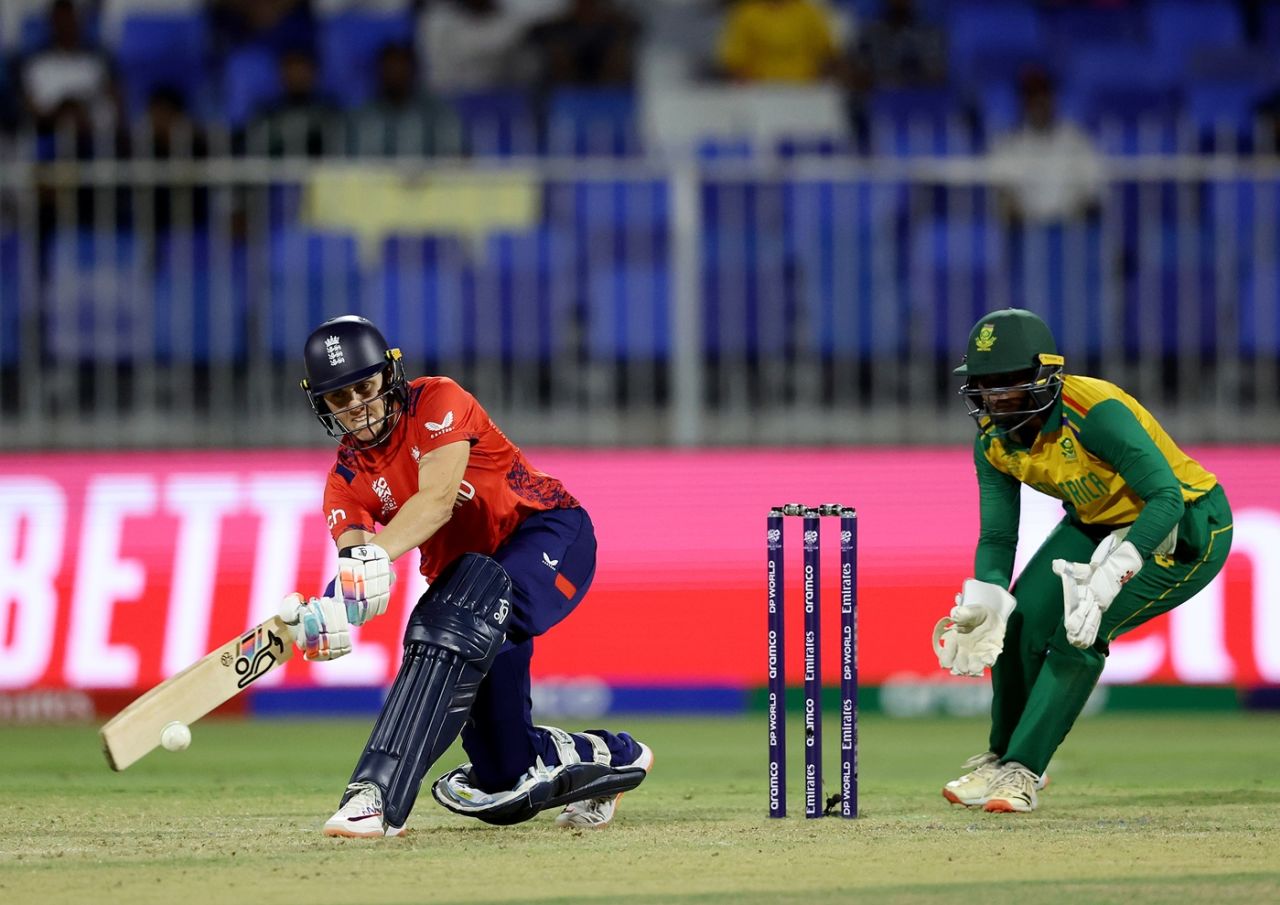 Nat Sciver-Brunt goes down to sweep the ball, England vs South Africa, Group B, Women's T20 World Cup, Sharjah, October 7, 2024