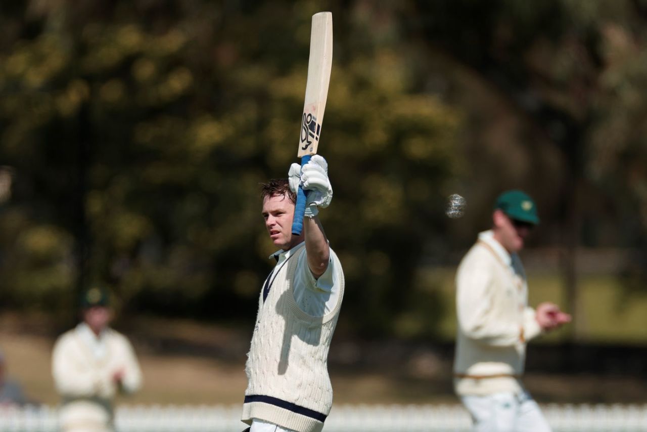 Marcus Harris celebrates his 29th first-class century, Victoria vs Tasmania, day 1, Sheffield Shield, Junction Oval, October 8, 2024