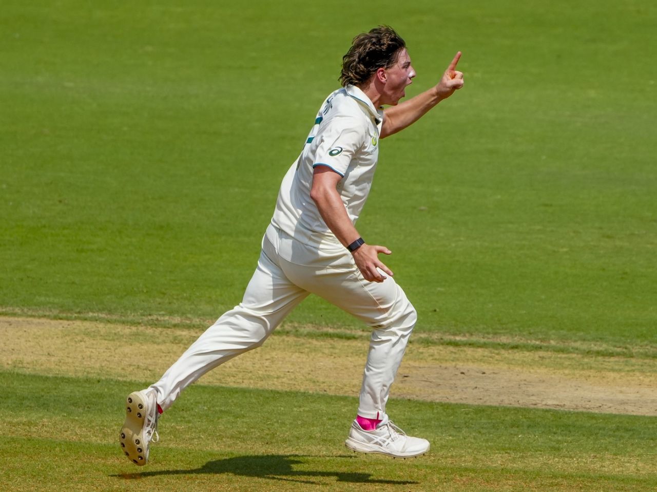 Christian Howe wheels away after taking a wicket, India Under-19s vs Australia Under-19s, 2nd Youth Test, Chennai, 1st day, October 7, 2024