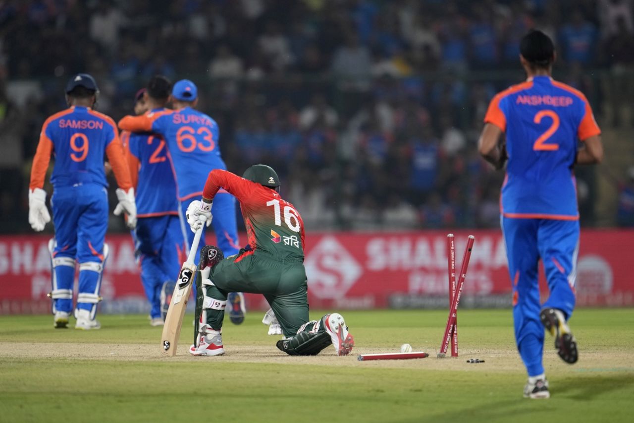 Litton Das' stumps are a mess, India vs Bangladesh, 2nd T20I, Delhi, October 9, 2024