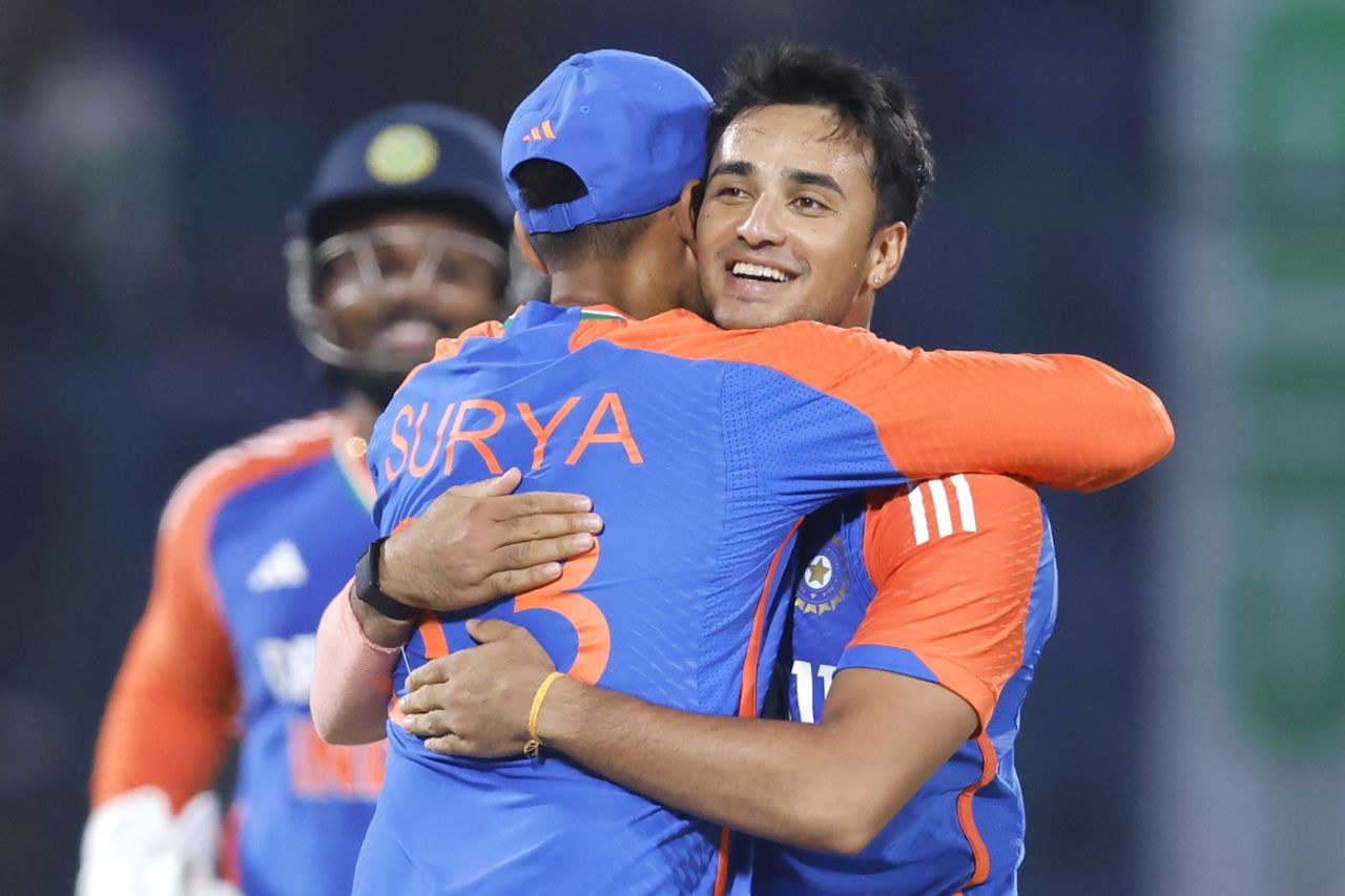 Abhishek Sharma gets a hug from his captain, India vs Bangladesh, 2nd T20I, Delhi, October 9, 2024