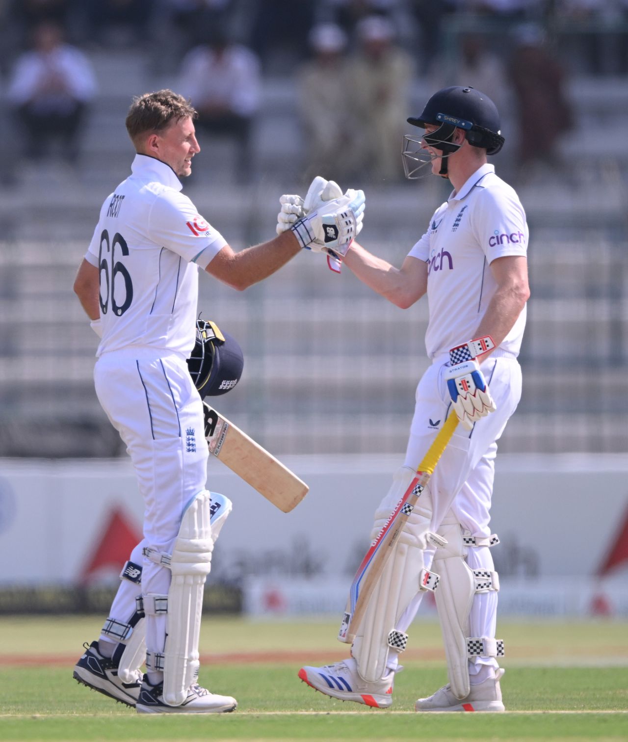 Joe Root shakes hands with Harry Brook after reaching his double-century, Pakistan vs England, 1st Test, Multan, 4th day, October 10, 2024