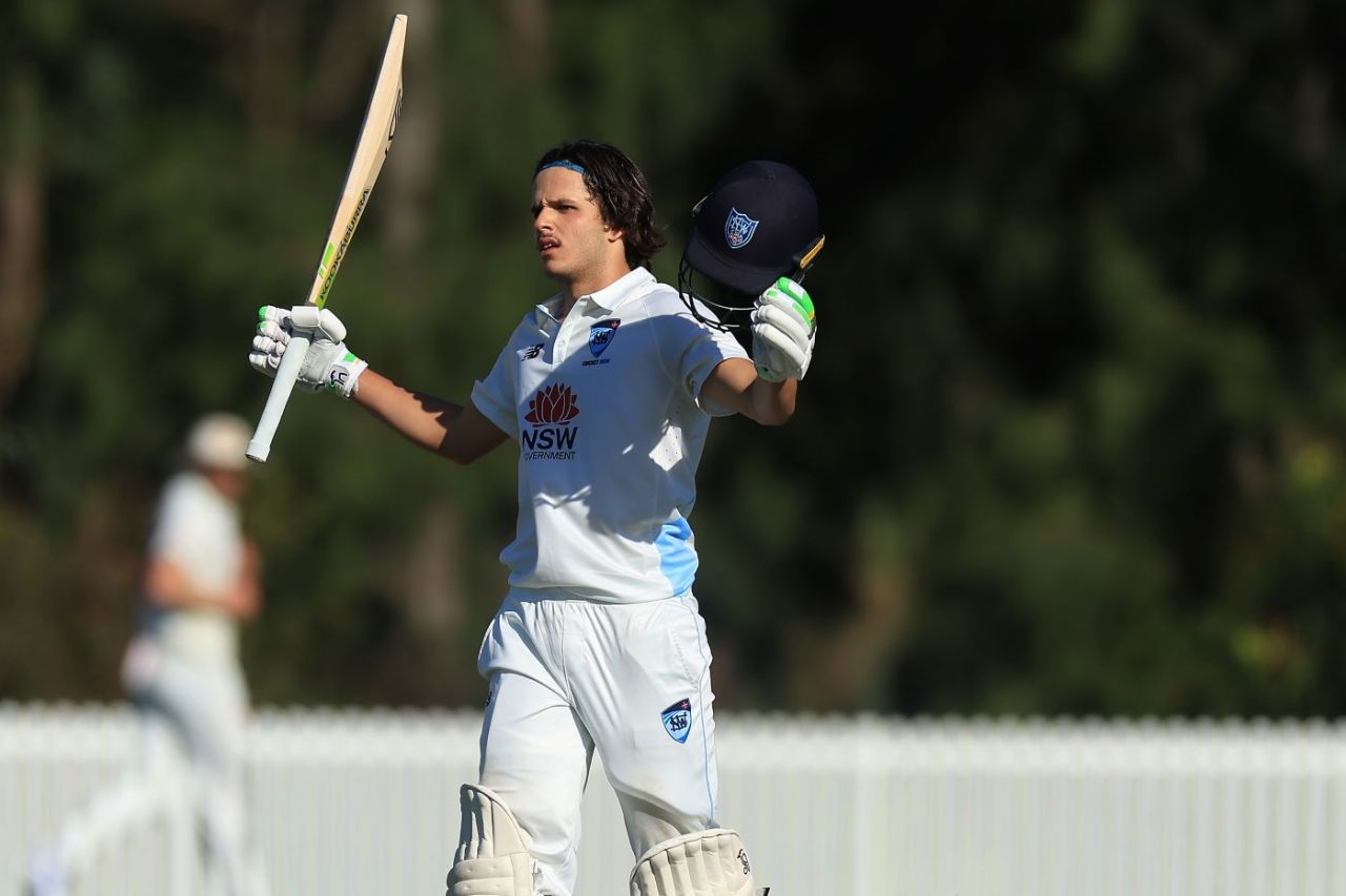 Sam Konstas celebrates his second century in the match, New South Wales vs South Australia, day 1, Sheffield Shield, Cricket Central, Sydney, October 10, 2024