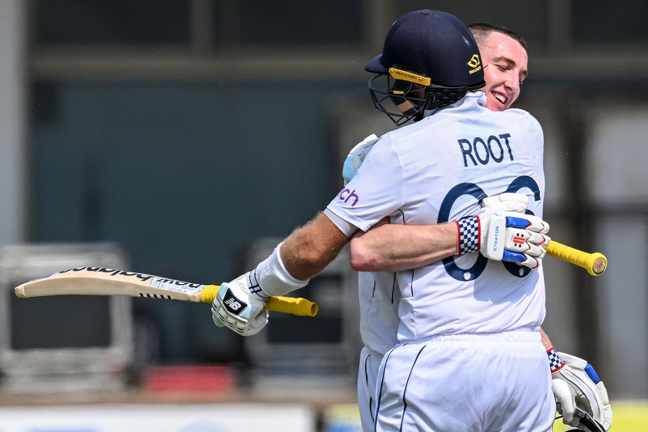 Harry Brook gets an embrace from his partner on reaching 200, Pakistan vs England, 1st Test, Multan, 4th day, October 10, 2024