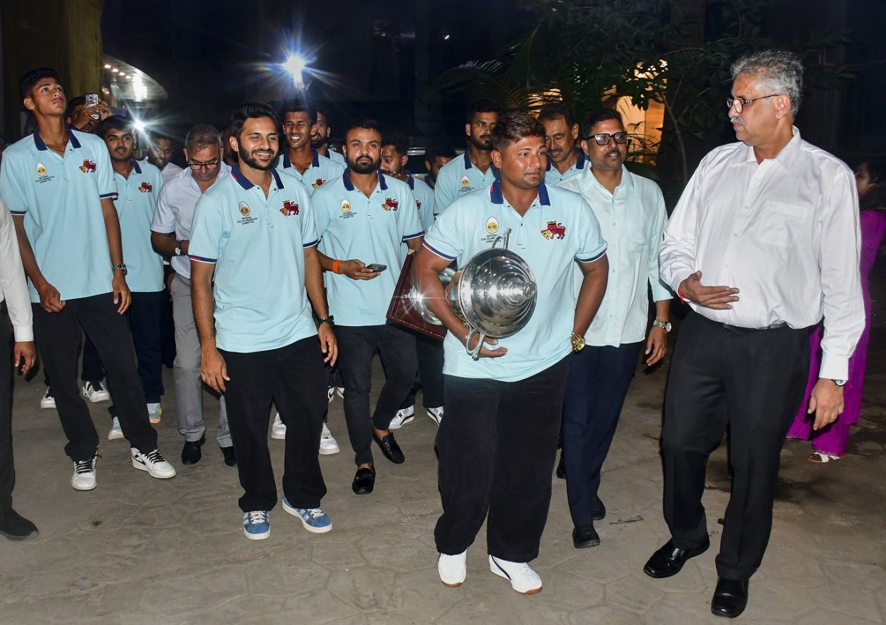 Mumbai's players celebrate their Irani Cup victory, Mumbai, October 7, 2024
