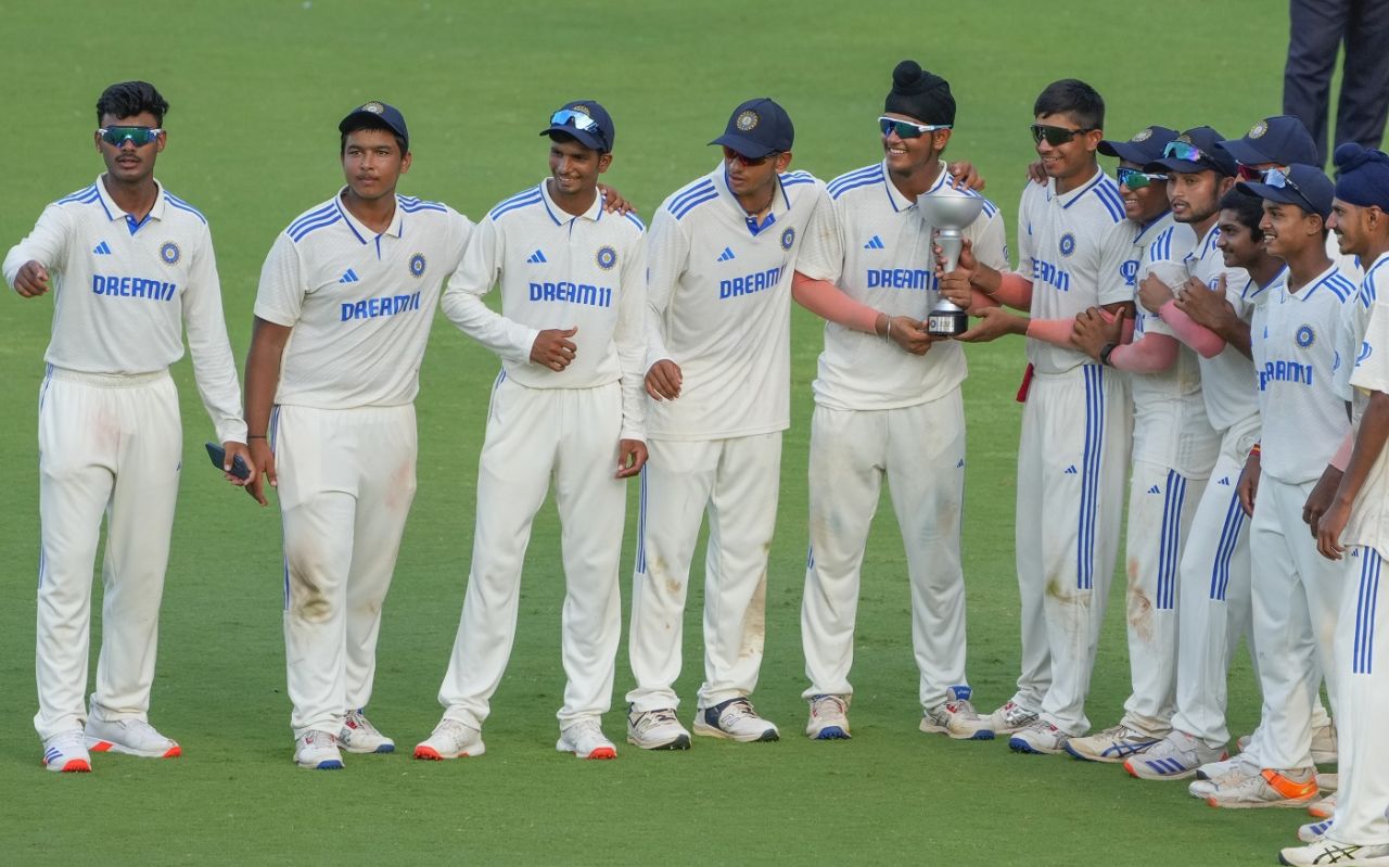 India Under-19 players celebrate after sweeping Australia Under-19 2-0, India Under-19 vs Australia Under-19, 2nd Youth Test, Chennai, 3rd day, October 9, 2024