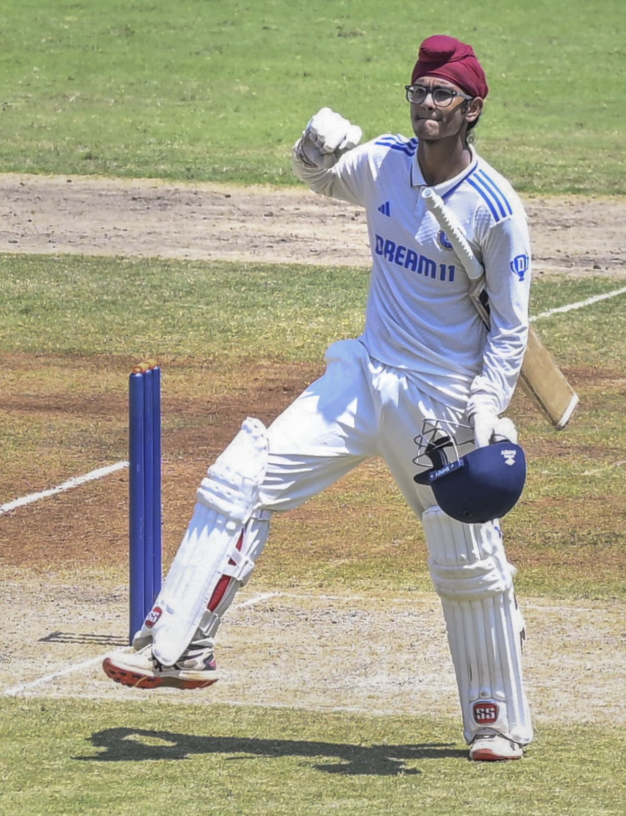 Harvansh Singh Pangalia celebrates his century, India Under-19 vs Australia Under-19, 2nd Youth Test, Chennai, 3rd day, October 9, 2024
