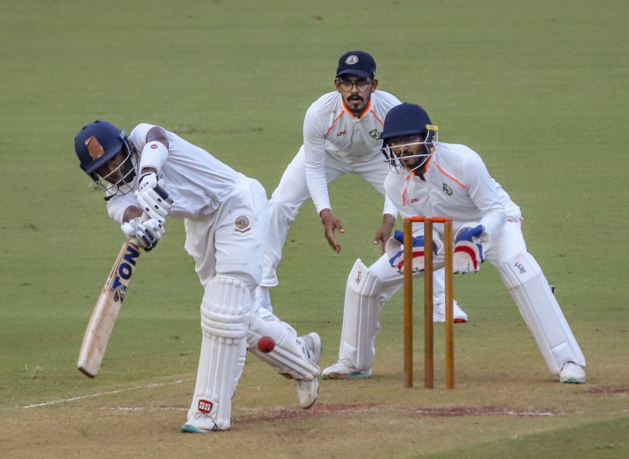 Shaik Rasheed knocks the ball into the leg side, Vidarbha vs Andhra, Ranji Trophy 2024-25, Nagpur, 1st day, October 11, 2024