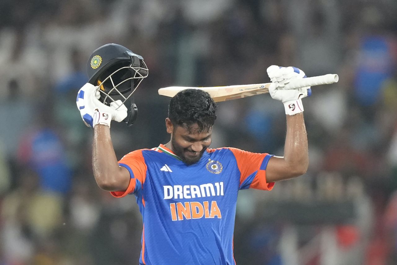 Sanju Samson celebrates his maiden T20I hundred, India vs Bangladesh, 3rd T20I, Hyderabad, October 12, 2024