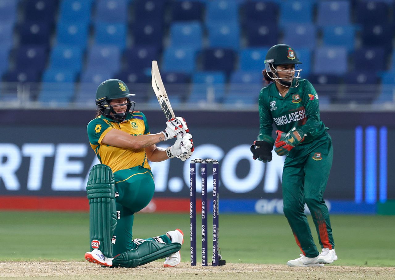 Tazmin Brits sweeps during South Africa's chase, Bangladesh vs South Africa, T20 World Cup 2024, Dubai, October 12, 2024