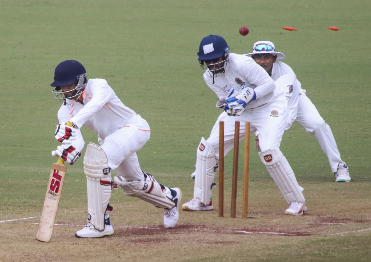 Vidarbha's Aditya Thakare was bowled for a duck, Vidarbha vs Andhra, Ranji Trophy 2024-25, Nagpur, 3rd day, October 13, 2024