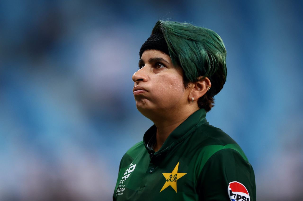 A green-haired Nida Dar looks on, New Zealand vs Pakistan, Women's T20 World Cup, Dubai, October 14, 2024