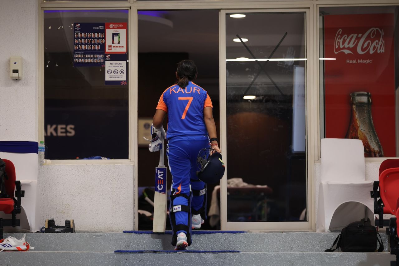 Harmanpreet Kaur walks back to the dressing room after the game, Australia vs India, Women's T20 World Cup, Sharjah, October 14, 2024