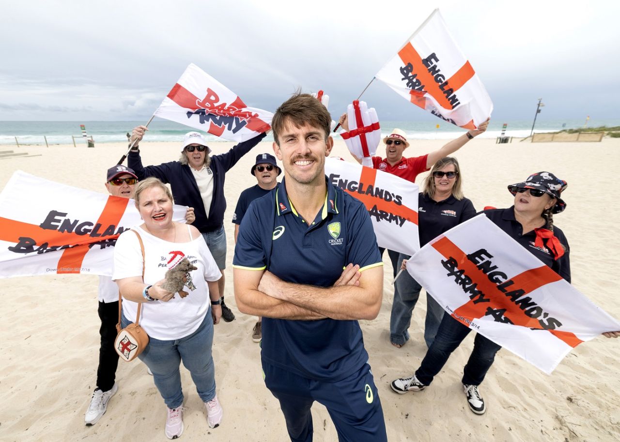 Mitchell Marsh poses for a photo with the Barmy Army, Perth, October 16, 2024