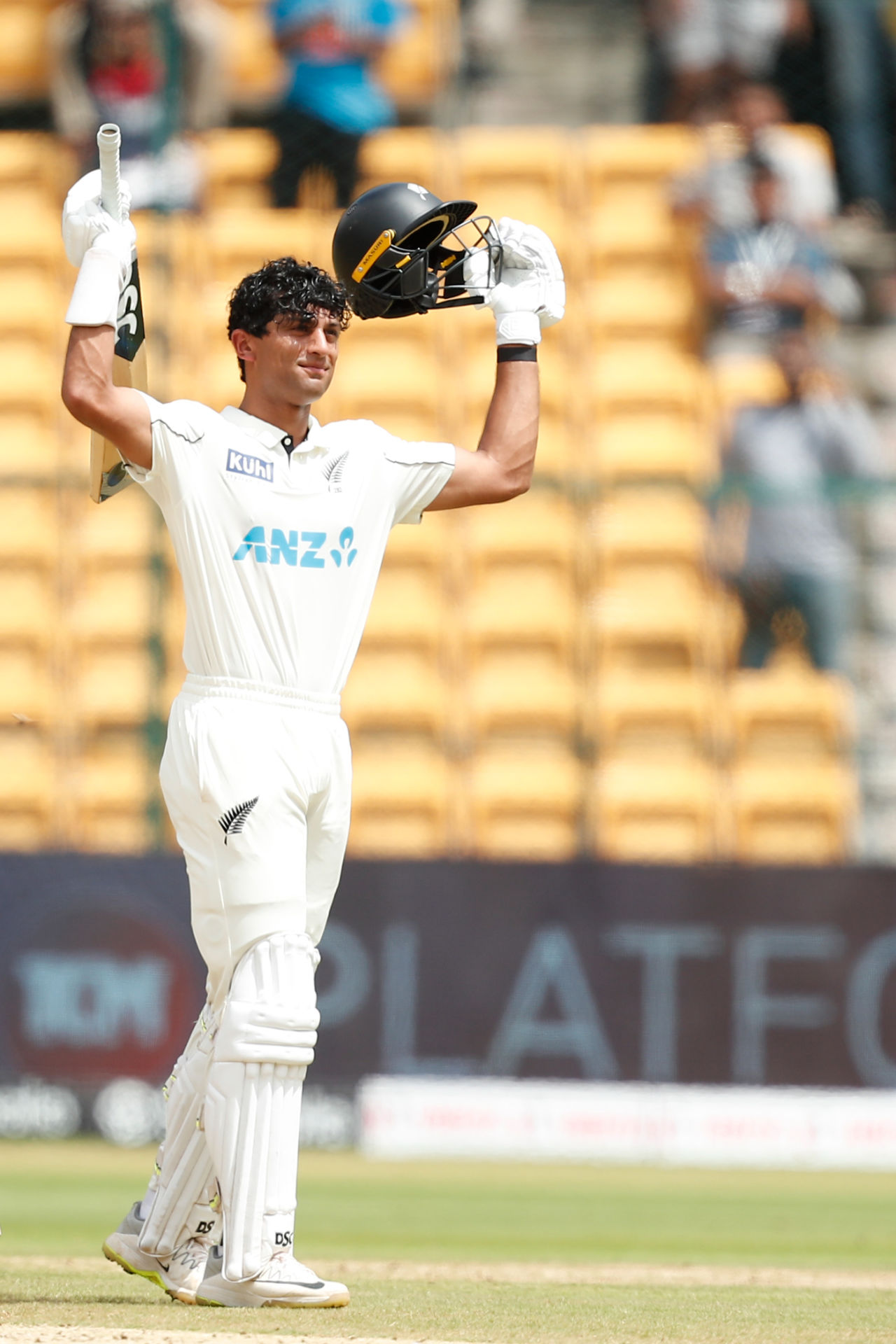 Rachin Ravindra celebrates his second Test hundred, India vs New Zealand, 1st Test, Bengaluru, 3rd day, October 18, 2024
