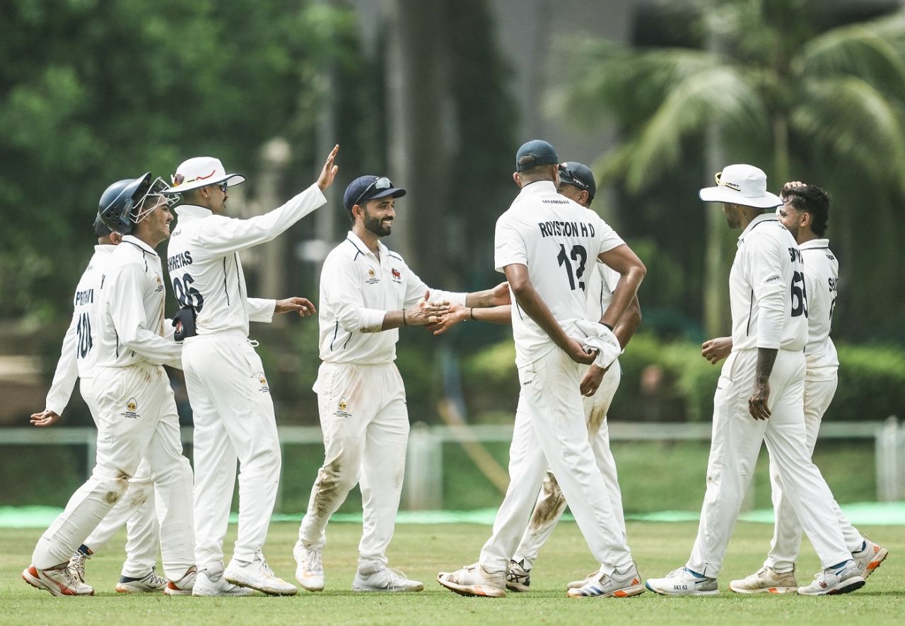 Ajinkya Rahane and Co celebrate the wicket of Rajvardhan Hangargekar, Mumbai vs Maharashtra, Sharad Pawar Cricket Academy, day 1, Ranji Trophy 2024-25, October 18, 2024