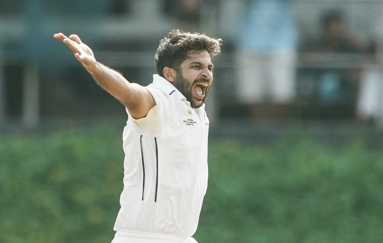 Shardul Thakur celebrates dismissing Siddhesh Veer, Mumbai vs Maharashtra, Sharad Pawar Cricket Academy, day 2, Ranji Trophy, October 19, 2024