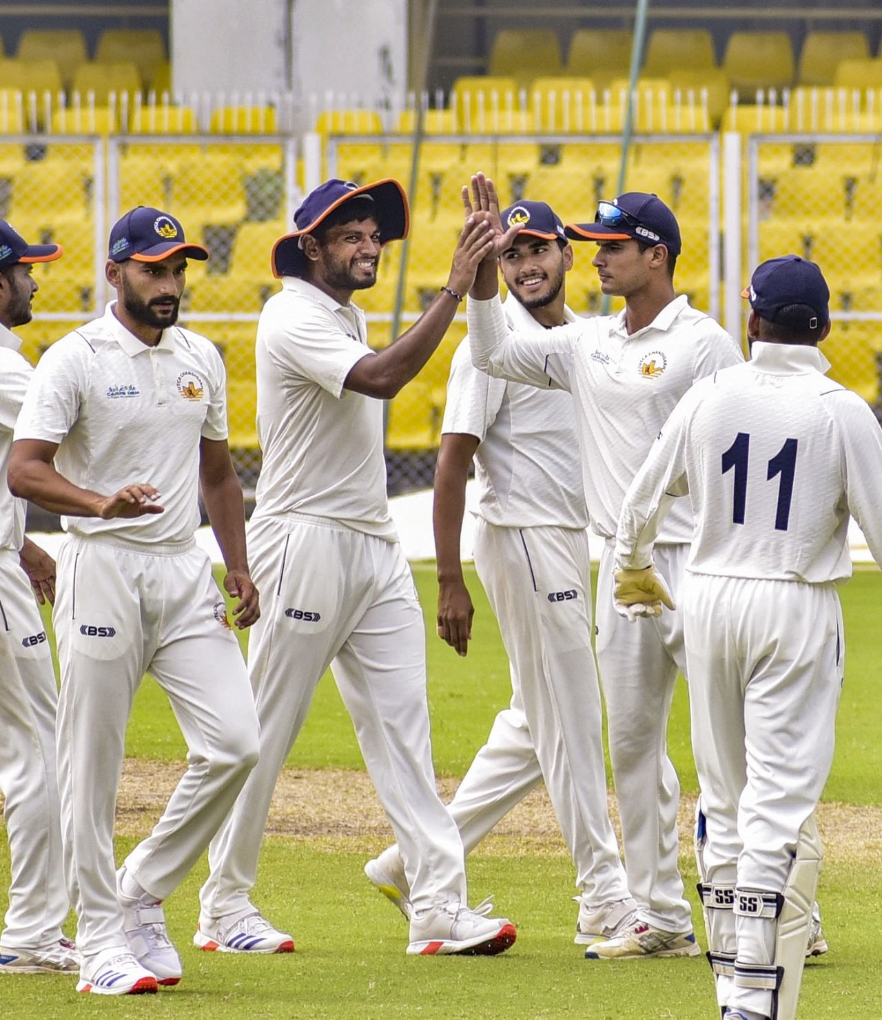 The Chandigarh players celebrate a wicket, Assam vs Chandigarh, Guwahati, day 2, Ranji Trophy, October 19, 2024