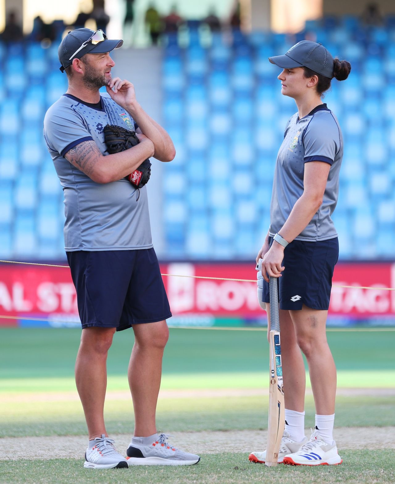Dillon du Preez and Laura Wolvaardt have a chat, Dubai, October 17, 2024