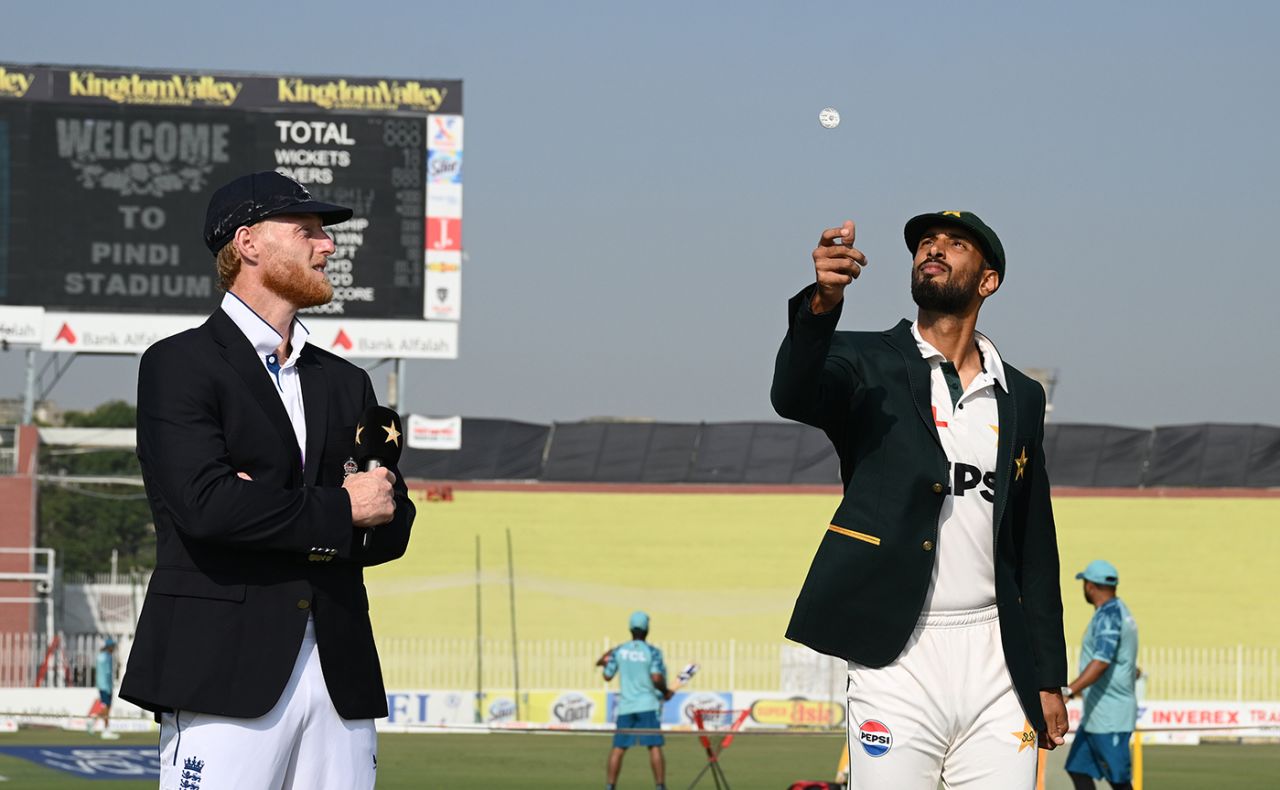 Ben Stokes looks on as Shan Masood tosses the coin, Pakistan vs England, 3rd Test, Rawalpindi, 1st day, October 24, 2024