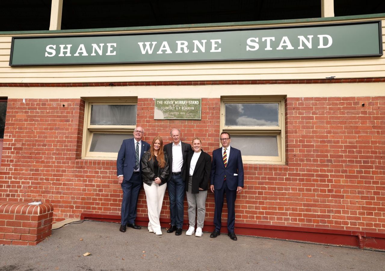 Ross Hepburn, Brooke, Summer and Keith Warne and Paul Ryan unveil the renamed Shane Warne Stand at the Junction Oval in Melbourne