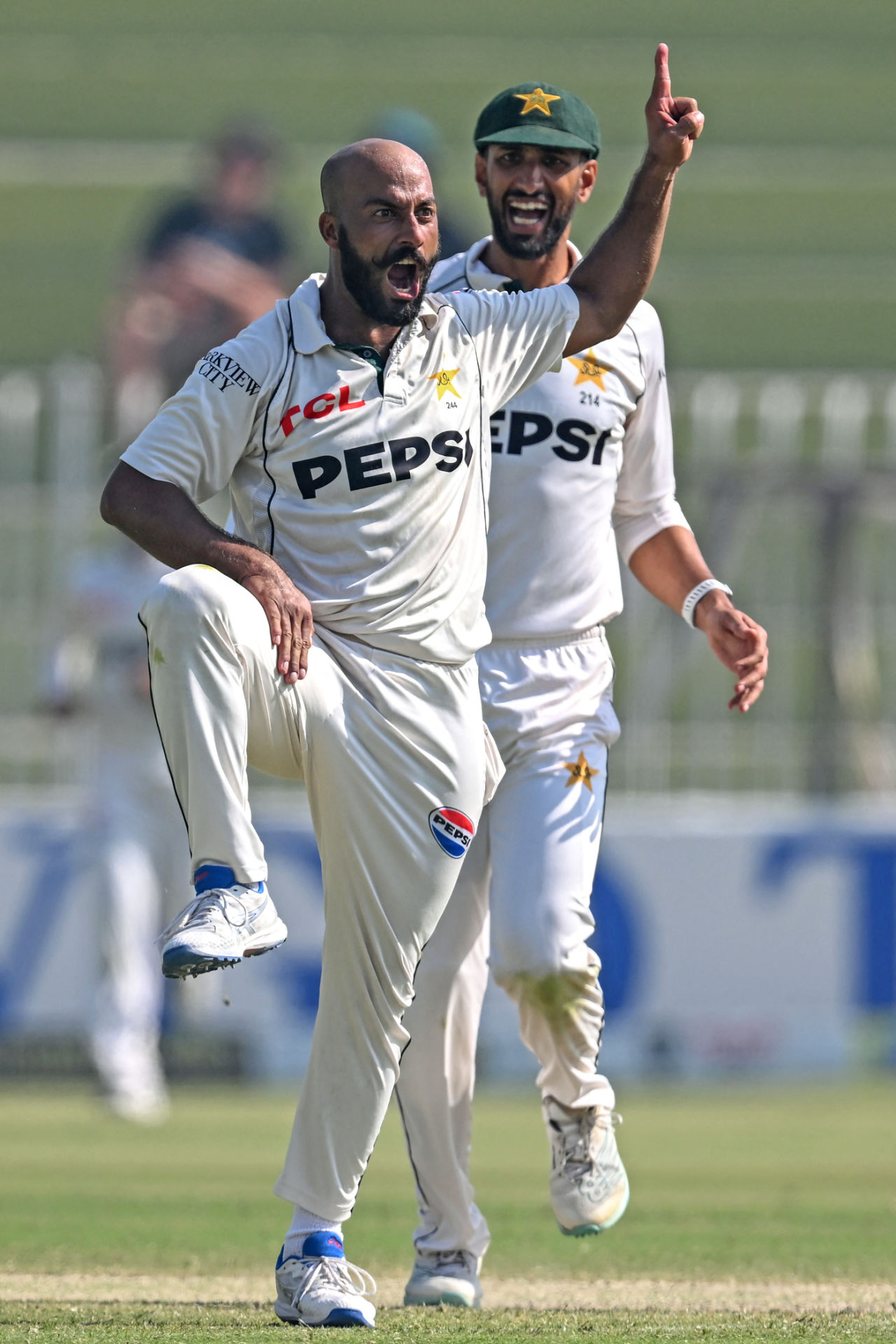 Shan Masood celebrates with Sajid Khan after the wicket of Jamie Smith, Pakistan vs England, 3rd Test, Rawalpindi, 3rd day, October 26, 2024