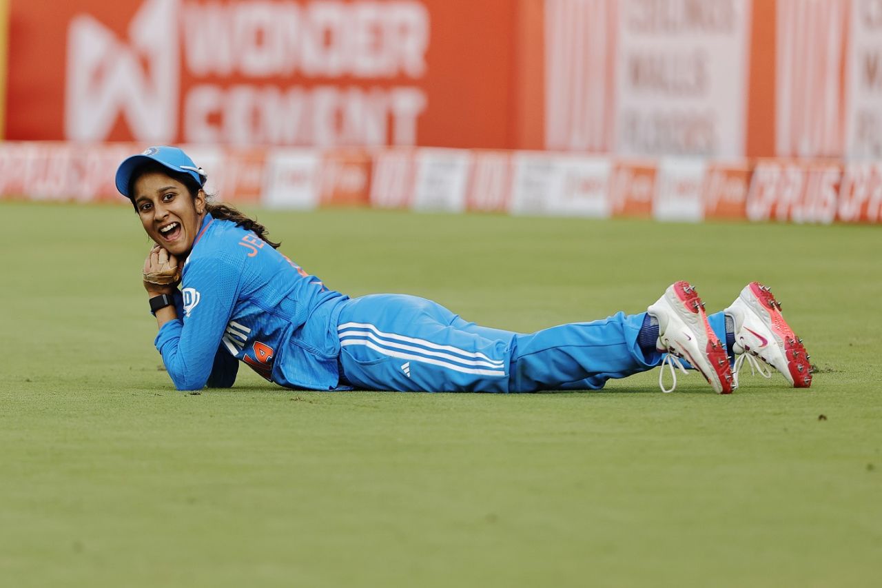 Jemimah Rodrigues is delighted with her diving catch to dismiss Sophie Devine, India vs New Zealand, 2nd ODI, Ahmedabad, October 27, 2024