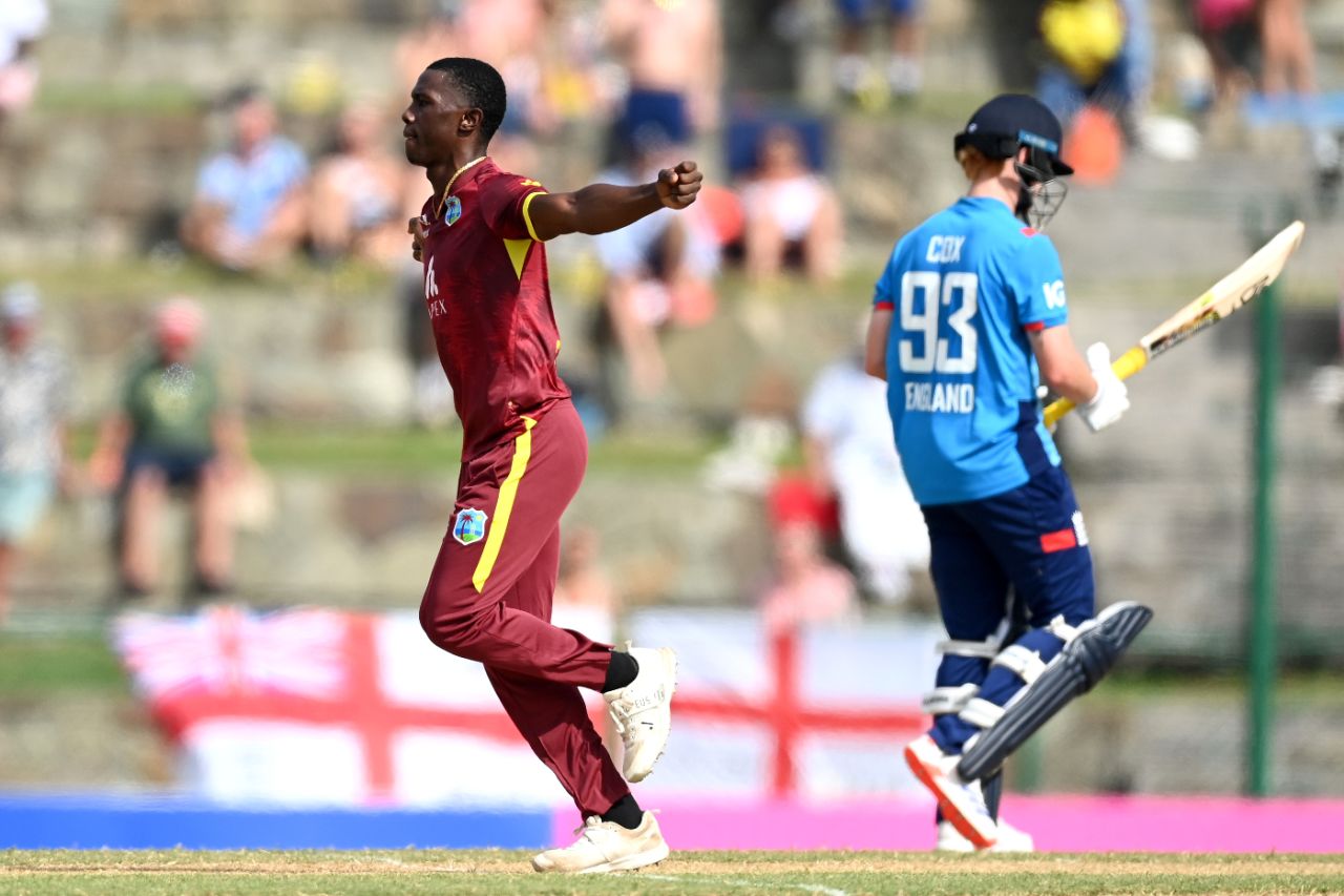 Shamar Joseph bounced out Jordan Cox for his maiden ODI wicket, West Indies vs England, 2nd ODI, Antigua, November 2, 2024